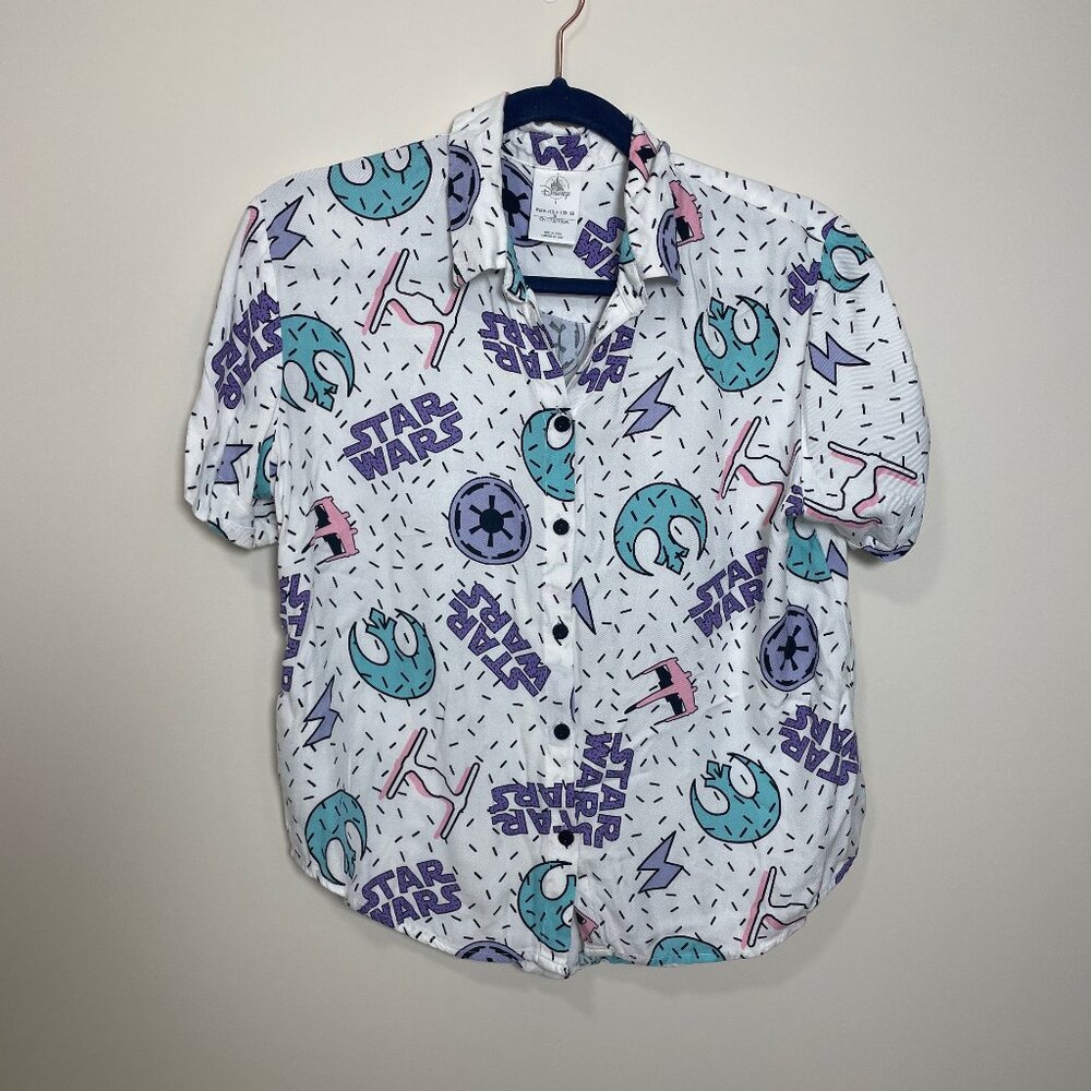 Disney Star Wars Short Sleeve Button-Up Shirt with 90s Pattern